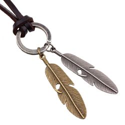 Boho Vintage Men Necklace - Adjustable Genuine Leather Cord Necklace - Feathers Pendant - Long Charm Necklace - Handmade