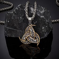 Men's Celtic Knot Trinity Pendant Necklace - Stainless Steel - Norse Runes Slavic Icelandic Jewelry - Vikings Amulet - V