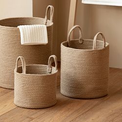 Handmade Woven Dirty Laundry Basket - Foldable Cosmetic Storage Bucket - Handle Cotton Linen Storage Baskets - Clothes T