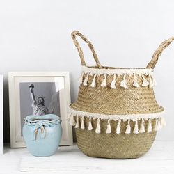 Boho Decor Wicker Baskets Storage - Hand Woven Rattan Basket - Foldable Pot with Handle - Plant Cestos Mimbre - Panier R