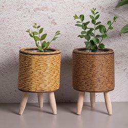 Boho Plant Stand Basket - Flower Shelf for Succulent Plants - Woven Planter - Imitation Rattan Flower Stand Basket with