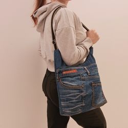 Eco-Friendly Upcycled Jeans Shoulder Bag - Medium Size hobo bag with Cotton Lining