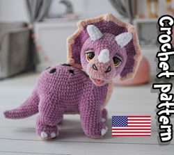 crochet dino pattern, triceratops crochet pattern, amigurumi dinosaur, crochet animal pattern, baby dinosaur, english pd