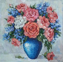 Flower oil painting Original art Rose painting Blue Vaze wall art