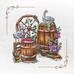 barrels & geese cross-stitch pattern: rustic countryside charm