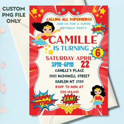 Personalized File Wonder Woman Birthday Invitation | Printable Birthday Wonder Woman Party Invitations, Kids Party