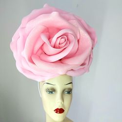Giant shiny rose fascinator Kentucky Derby hat, Bridal Headdress, Wedding headwear, Cocktail Hat,flower hair clip, Photo