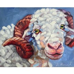 Ram Painting Original Aries Artwork Oil On Panel Framed Farm Animal Art