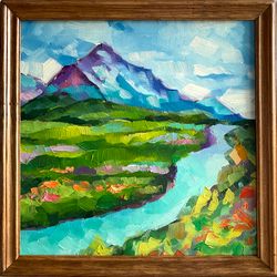 Glacier Painting National Park Original Art Mountain Landscape Artwork 10x10" Alaska Oil Painting Framed