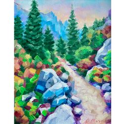 Mountains Oil Painting Original Art Landscape Artwork 11x14 Inch Trees Painting