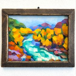 Fall Painting Yellow Forest Original Art Mountain River Artwork Oil On Panel 8x10 Inch Landscape Wall Art
