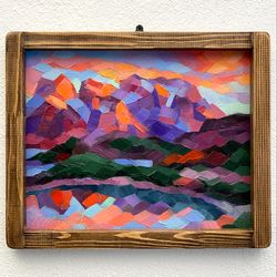 Mountain Lake Painting Sunset Original Art Landscape Artwork Oil On Panel 8x10 Inch Nature Wall Art