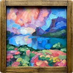 Sunrise Painting Mountain Landscape Original Lake Artwork Oil On Panel 8x10 Inch Clouds Wall Art