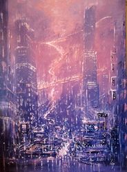 Painting ORIGINAL OIL PAINTING on Canvas, 20X28'' Cyberpunk Painting City Painting Original Cyberpunk Art by "Walperion"
