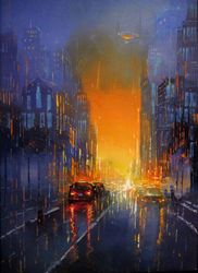 Cyberpunk Painting "STEAMPUNK NIGHT" Original Oil Painiting on Canvas Modern City Painting Art by "Walperion"