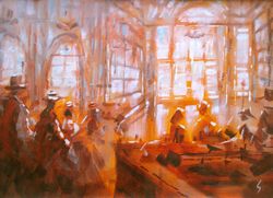 Cafe Painting ORIGINAL OIL PAINTING on Canvas, People in Restaurant Painting Original Impressionist Art by "Walperion"