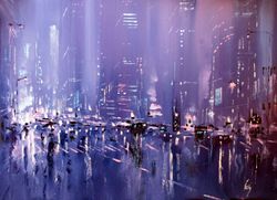 Cyberpunk Painting ORIGINAL OIL PAINTING on Canvas, 20X28'' City Painting Original Cyberpunk Art by "Walperion"