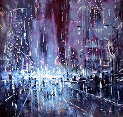Cyberpunk Painting ORIGINAL OIL PAINTING on Canvas, 20X20'' City Painting Original Cyberpunk Art by "Walperion"