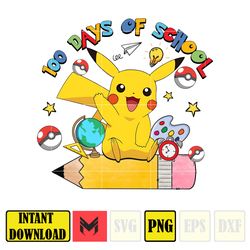 Pikachu 100 Days Of School Cartoon Png, Happy 100 Days Of School Png, Custom Kid Name Png (4)