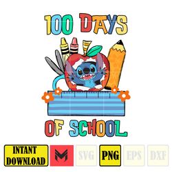 Stitch 100 Days Of School Cartoon Png, Happy 100 Days Of School Png, Custom Kid Name Png (10)