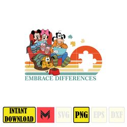 Cartoon Embrace Differences Autism Png, Autism Awareness Sublimation, Character Cartoon Autism Mouse And Friends, Instan
