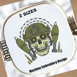 soldier skull helmet mortar shells embroidery design | soldier skull embroidery patterns | skull hat embroidery files