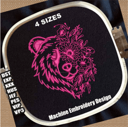 boho bear embroidery patterns | half bear face half flower embroidery designs | bear face with floral embroidery files