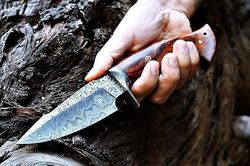 handmade damascus hunting knife with leather sheath fixed blade bushcraft knife for outdoor, camping, hiking, fishing.