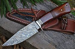handmade damascus hunting knife - bushcraft fixed blade hunting knife with sheath and walnut wood handle