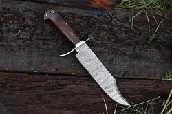 13-inch damascus bowie knife, full tang fixed blade, wood handle hunting knife with leather sheath for camping, hiking,