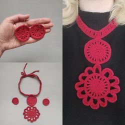 Elegant jewelry, Necklace in red, crochet accessories, earring and necklace set, gift for her
