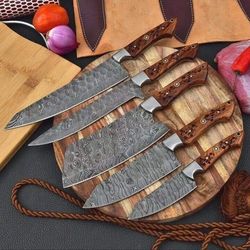 Custom Handmade Damascus Steel 5 Pcs Chef Set With Leather Roll Bag