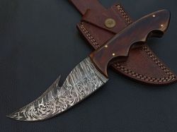 Custom Handcrafted Damascus Steel Skinner Knife with Rosewood Handle and Sheath