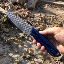 Handmade Damascus Steel Fixed Blade Skinner Knife with Leather Sheath