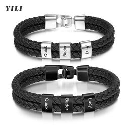 custom family names beads bracelet - men personalized engraved bracelets - black leather stainless steel bracelet - fath