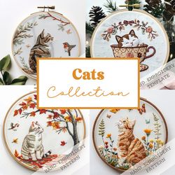 cute cats embroidery patterns, frames collection, embroidery template, hand embroidery bundle, pdf template
