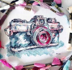 old photo camera cross-stitch pattern watercolor vintage camera pdf chart gift for photographer stitchery leather camera