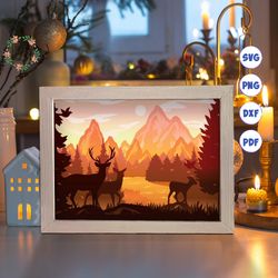deer in the forest 2 paper cut light box template, 3d shadow box svg files, shadow box paper cut, light box svg, 3d pape