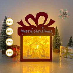 nativity scene gift box christmas lantern lantern svg for cricut project diy, gift box lamp for christmas decor, christm