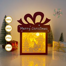 gnome gift box christmas lantern svg for cricut project diy, gift box lamp for christmas decor, christmas shadow box