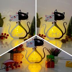 pack 3 valentine paper cut cat love box template, 3d lantern paper cut lightbox svg diy, cutting cricut, shadow box pape