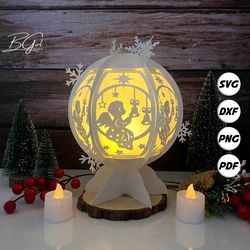 christmas angel paper cut snowball lantern lightbox template, 3d lantern paper cut lightbox svg diy, cutting cricut, svg