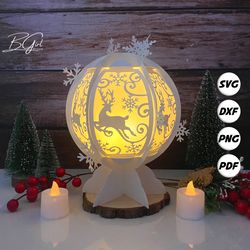 christmas deer paper cut snowball lantern lightbox template, 3d lantern paper cut lightbox svg file diy, cutting cricut,