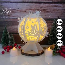 christmas sleigh paper cut snowball lantern lightbox template, 3d lantern paper cut lightbox svg diy, cutting cricut, sv