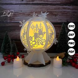 christmas candles paper cut snowball lantern lightbox template, 3d lantern paper cut lightbox svg diy, cutting cricut, s