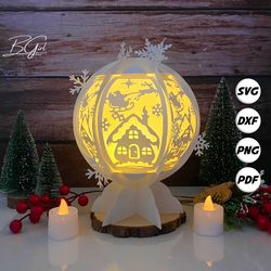 christmas house paper cut snowball lantern lightbox template, 3d lantern paper cut lightbox svg diy, cutting cricut, svg