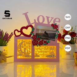 moon love photo frame box paper cut light box template, sillhouette, 3d papercut lightbox svg file diy, cutting cricut