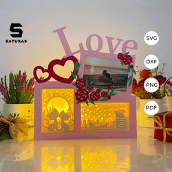 cat love photo frame box paper cut light box template, sillhouette, 3d papercut lightbox svg file diy, cutting cricut