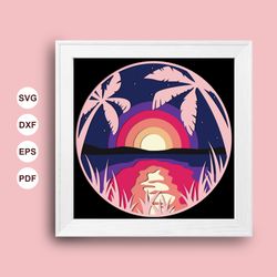 sunset palm shadow box svg, sunset palm paper cut light box, cricut files, 3d sunset palm shadow box, layered cardstock