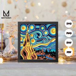 starry night shadow box svg, starry night paper cut light box, cricut files, 3d starry night shadow box, layered cardsto